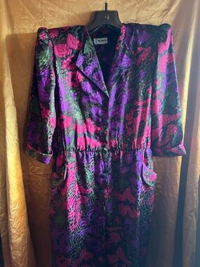 Vintage 80s NuMode Pink and Purple Jacquard Stunning Button-Front Dress Large